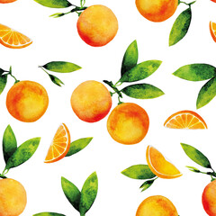 Orange watercolor seamless pattern with white background. Citrus slices, leaves and tropical fruits on a branch.