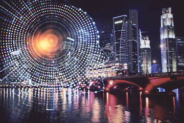 Brain hologram drawing on city scape background Double exposure. Brainstorming concept.