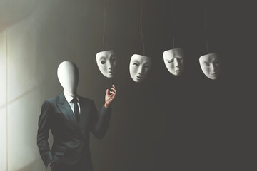 illustration of businessman without face choosing the right mask to wear, surreal identity concept - 389593858