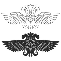 vector monochrome icon set with ancient Hittite symbol Winged sun for your project