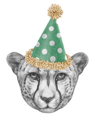 Portrait of Cheetah in a festive hat. Hand-drawn illustration