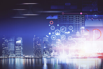 Data theme hologram drawing on city view with skyscrapers background multi exposure. Ai concept.