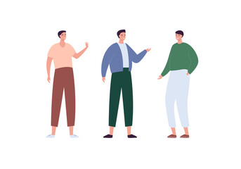 Casual character set. Vector flat modern person illustration. Male people. Man group of friend of caucasian and hispanic ethnic standing isolated on white. Design element. Contemporary style.