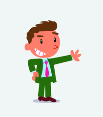 Pleased cartoon character of businessman points to something.