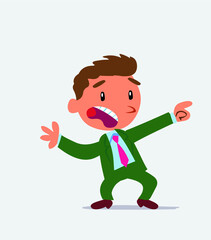 Scared cartoon character of businessman points to the side