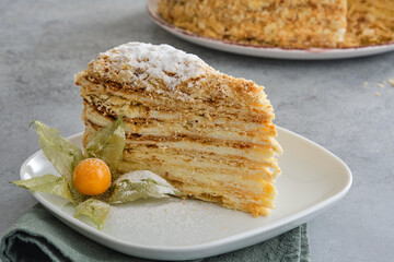 Russian traditional cake Napoleon. Homemade custard puff cake.