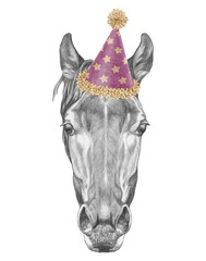 Portrait of Horse in a festive hat. Hand-drawn illustration