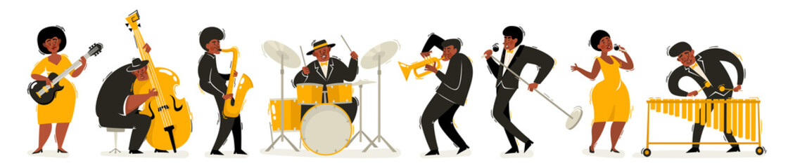 Cartoon vector illustration of colorful jazz musicians isolated on white. - 389596065