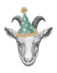 Portrait of Goat in a festive hat. Hand-drawn illustration