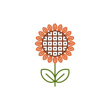 Colored sunflower with leaves isolated on the white background. Ethnic vector floral design. Flower logo, icon. Oil harvest. Flat style