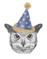 Portrait of Owl in a festive hat. Hand-drawn illustration