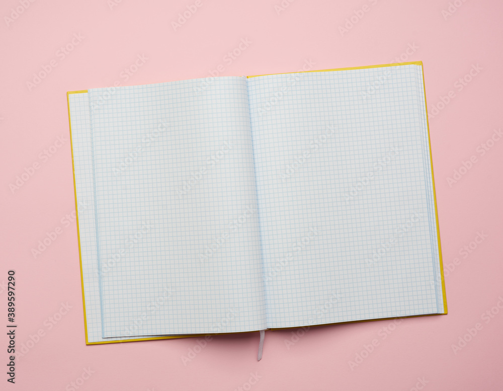 Poster open notepad with empty white sheets on a pink background
