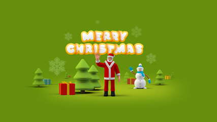 Santa Claus Greetings with Snowman standing near Christmas Trees and Gifts on green background 3D illustration. Merry Christmas and Happy New Year Greeting Card Design Template