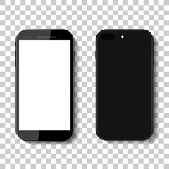 3d phone mock up isolated on transparent background.Black smartphone mock up in modern style.Device with white blank screen.8,7,6 mobile in front and behind.Realistic cellphone display for app.Vector