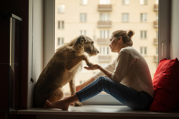A young woman with her shaggy dog at home, sits on a windowsill overlooking the city. The dog gives the paw to the owner - obrazy, fototapety, plakaty
