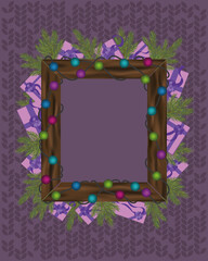 Christmas frame template with traditional holiday decor. Wooden frame with colorful lights over knitted background. Blank frame with presents. 
