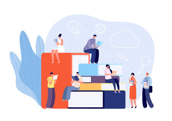 Student study books. People reading, studying in library or exam preparation. Friends find ideas or knowledge, self education vector concept. Illustration reader reading and education in stack books