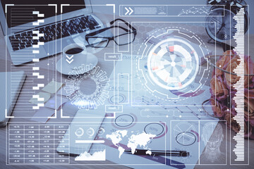 Multi exposure of table with computer on background and data theme drawing. Concept of innovation.