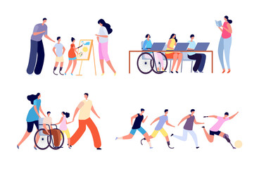 Disabled children. Disability activity, young girl in wheelchair at school. Handicapped kids in family, education for all vector concept. Girl in wheelchair, disability and rehabilitation illustration