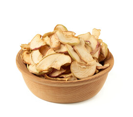 dried apple slices in wooden plate isolated on white background