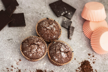 
Chocolate muffins with powdered sugar
