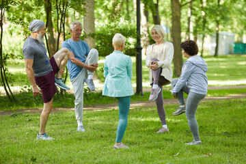 Group of modern senior people spending sunny morning in park doing stretching exercise