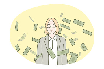 Business, success, goal achievement, wealth, money concept. Happy rich businesswoman manager standing with cash dollar falling around. Accomplishment currency capital profit successful investment.