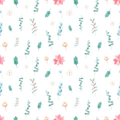 Watercolor Christmas winter seamless pattern on white background. Hand-painted watercolor Christmas leaves, flowers background. Perfect for wrapping paper, textile, covers, fabric. 