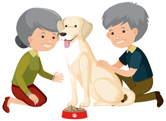 Old couple playing with cute dog on white background