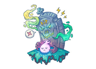 Naklejka premium Ominous grave and little ghost. Creative cartoon illustration. Picture for print, advertising, applications and T-shirt print.
