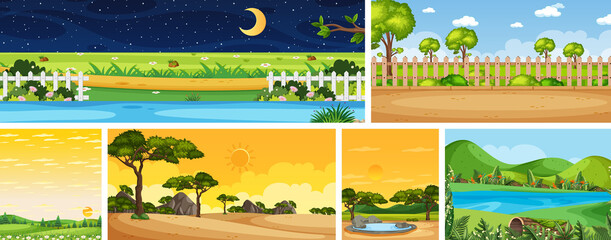 Naklejka premium Set of different nature place scene in vertical and horizon scenes at daytime and night