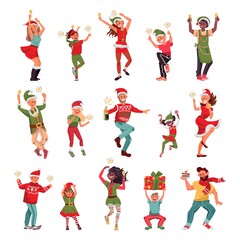 Christmas party characters. Happy woman, dancing holiday people in xmas textile. Santa elves costume, disco friends with sparkles vector set. Illustration woman and man, christmas and new year party