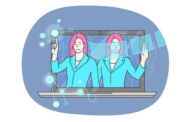 Business, assistance, consultation, artificial intelligence set concept. Virtual businesswoman online assistant advisor professionally consulting. Wireless AI web technology cartoon illustration.