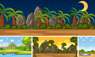 Four background different nature scenes with green trees in different times