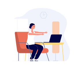 Fototapeta premium Home training. Woman work with laptop, office syndrome preparation. Girl stretching vector concept. Illustration training at laptop, activity and relaxation stretching