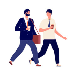 Managers with hot beverages. Flat young friends drink coffee or tea. Isolated male characters with eco or take away mugs vector illustration. Coffee drink beverage, people walk to work