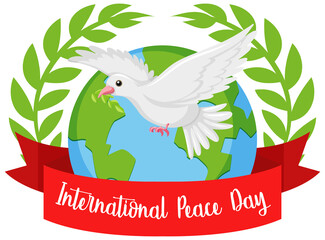 Internationl Peace Day logo or banner with white dove on the world and olive branches