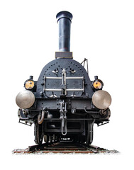 A historical steam locomotive on tracks, front view, isolated on white background.