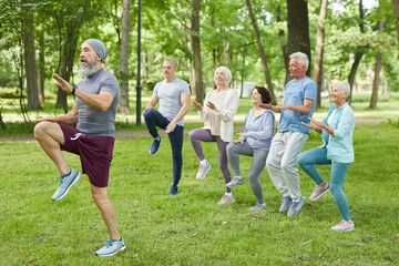 Wide shot of active elderly men and women doing morning workout in park with senior trainer