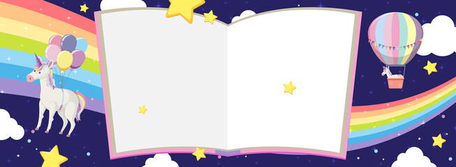 Blank book pages and unicorn and hot air balloon with rainbow on night background