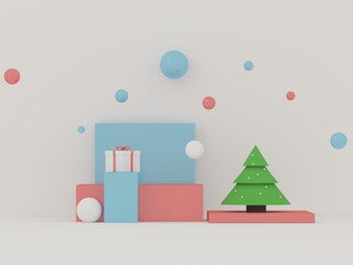 3d render of New Year 3D illustration - green christmas  tree and gift box on a white background. Blank space at the top for text