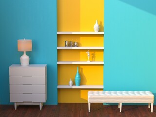 3d render of Minimalistic interior design with blue and yellow wall. Sofa and chest of drawers with lamp and decor on the shelves