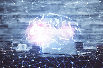 Double exposure of desktop computer and human brain drawing hologram. Ai concept.