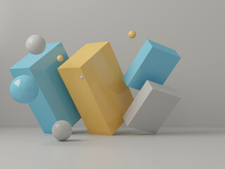 3d render of Illustration of a minimalistic still life of blue and yellow boxes and balls on a grey background. Banner for a bright minimalistic site or advertisement