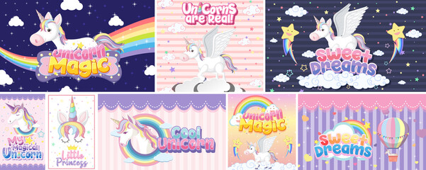 Naklejka premium Cute unicorn banner on pastel background color