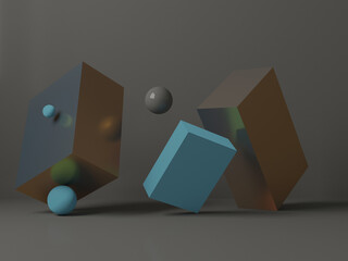 3d render of Illustration of a minimalistic still life of blue and yellow boxes and balls on a dark grey background. Banner for a dark minimalistic site or advertisement