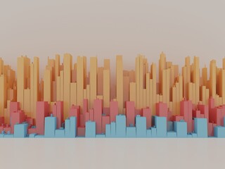 3d render of Multi-colored 3D diagram - blue, red and yellow. Growth and rise in the form of a sillouette of high-rise buildings
