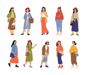 Fototapeta premium People wear casual clothes. Beautiful girl, fashion stylish female characters. Isolated young women spring autumn trendy outfit vector set. Spring autumn clothing for lady, new collection illustration