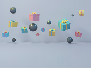 3d render of Many gift boxes of different sizes fly in the air together with gray balloons on a gray background. Empty space for text below