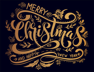 Merry Christmas and Happy New Year Vintage background with typography. Drawn by hands. Vector image.